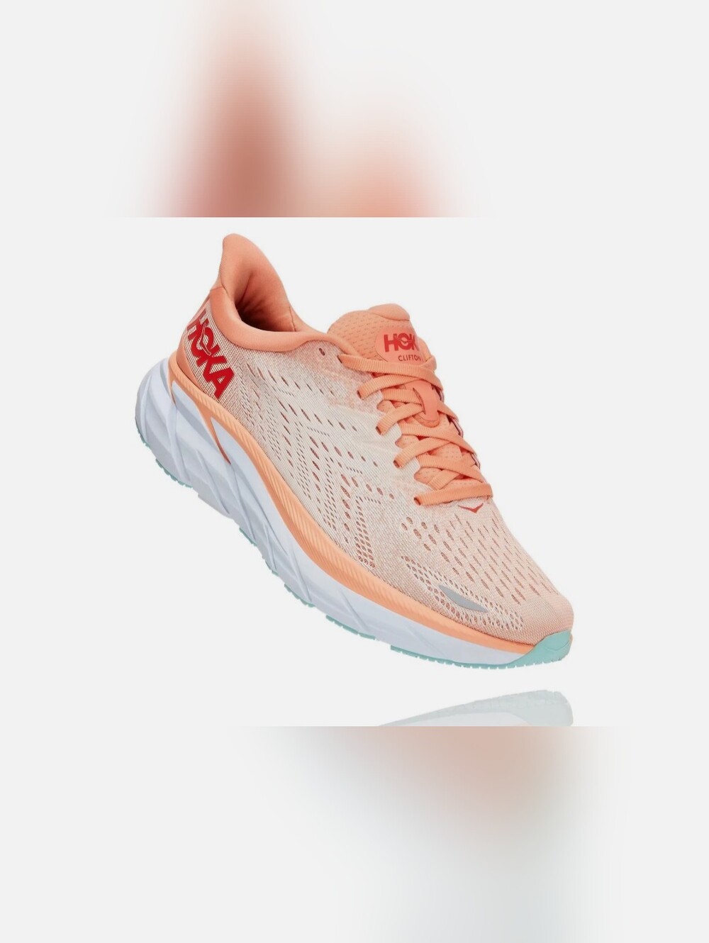Hoka Clifton 8 Women's Athletic Running Shoe with Coral Logo. Discounted!